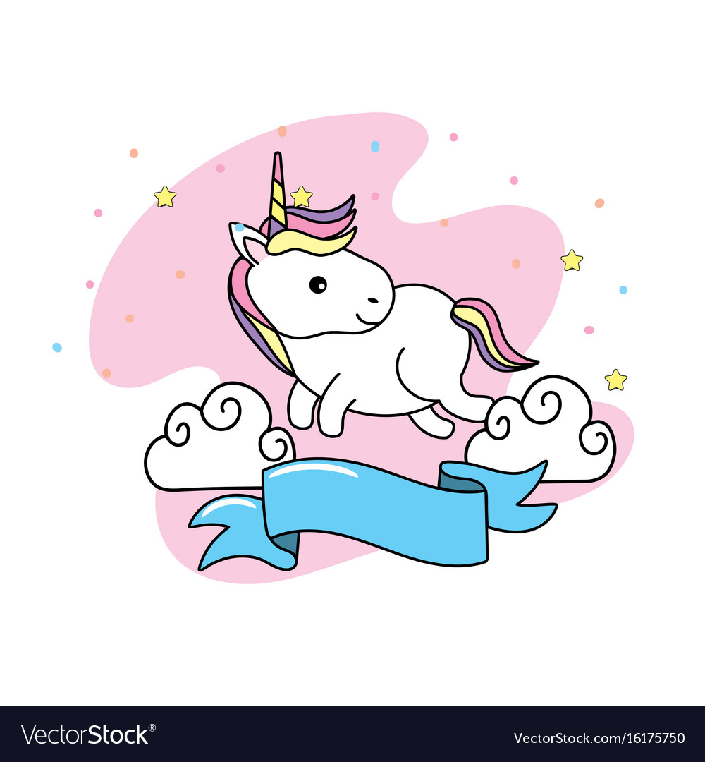 Adorable Unicorn with Ribbon and Clouds