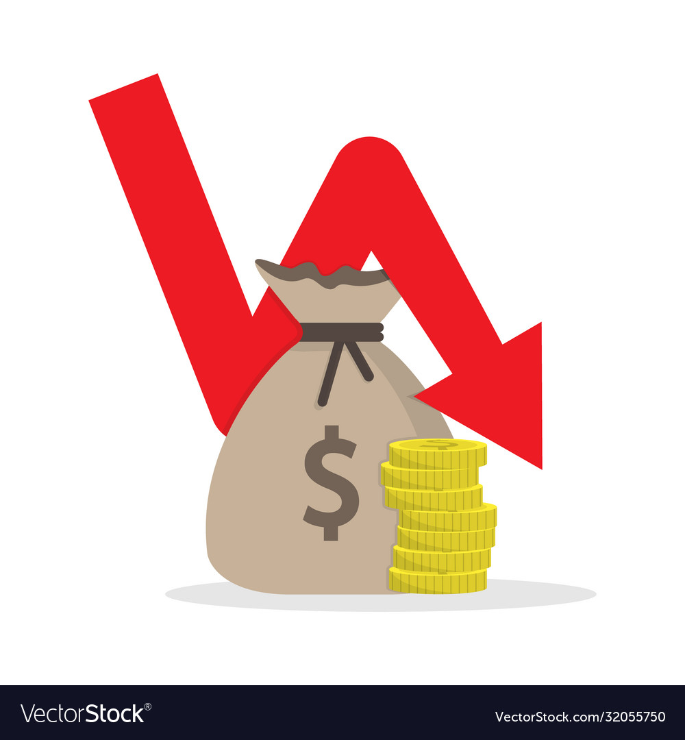 Bag and a stack coins with down arrow simple vector image Bag and a stack coins with down arrow simple