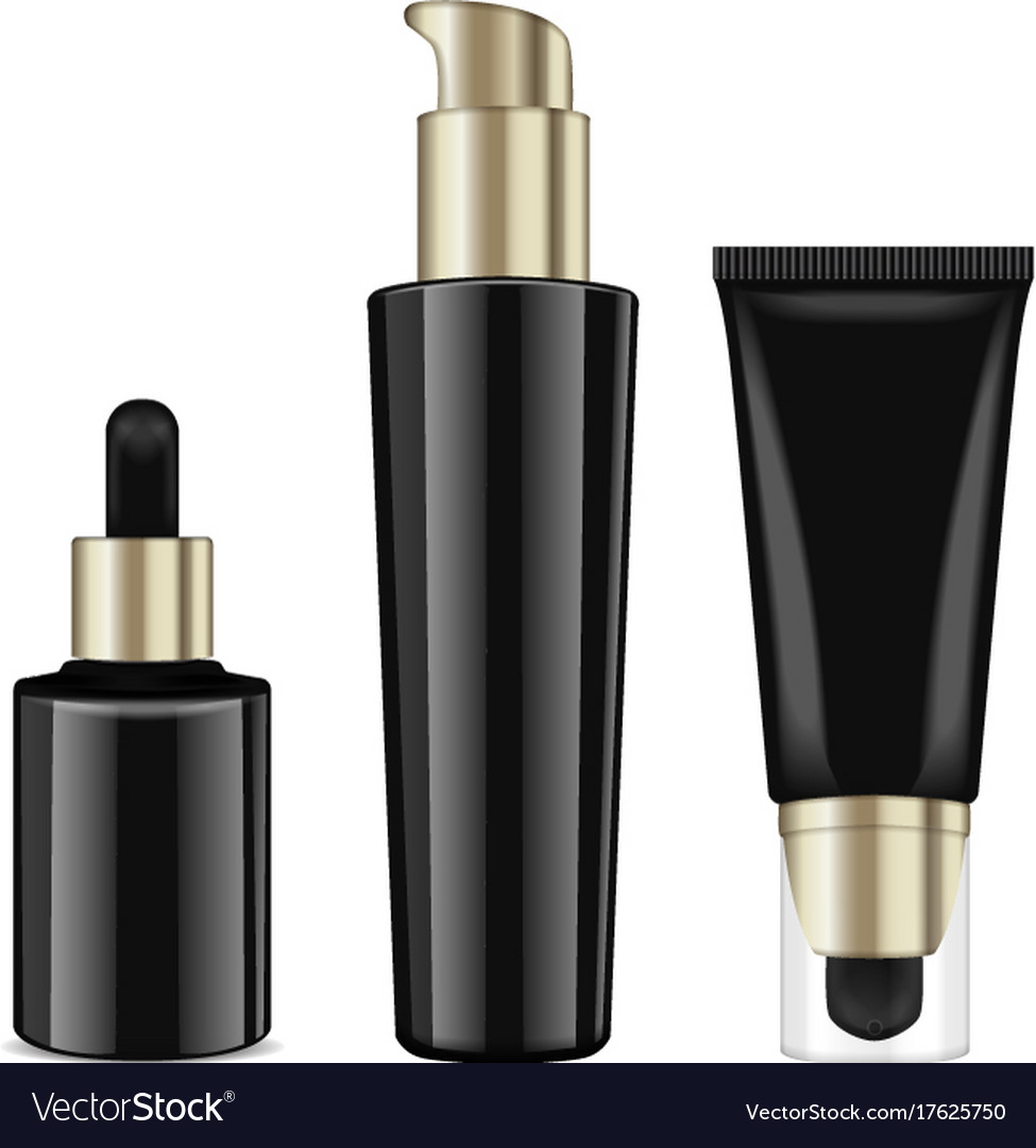 Realistic cosmetic black bottles with gold caps