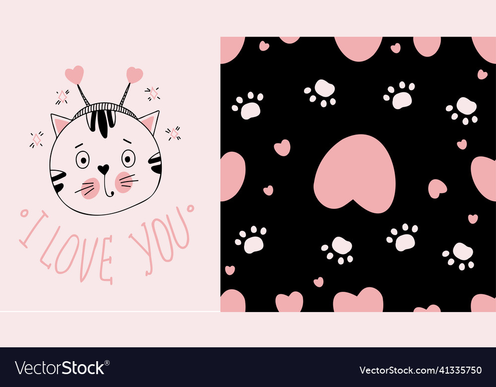 Set valentines card with cat and seamless pattern Vector Image Set valentines card with cat and seamless pattern