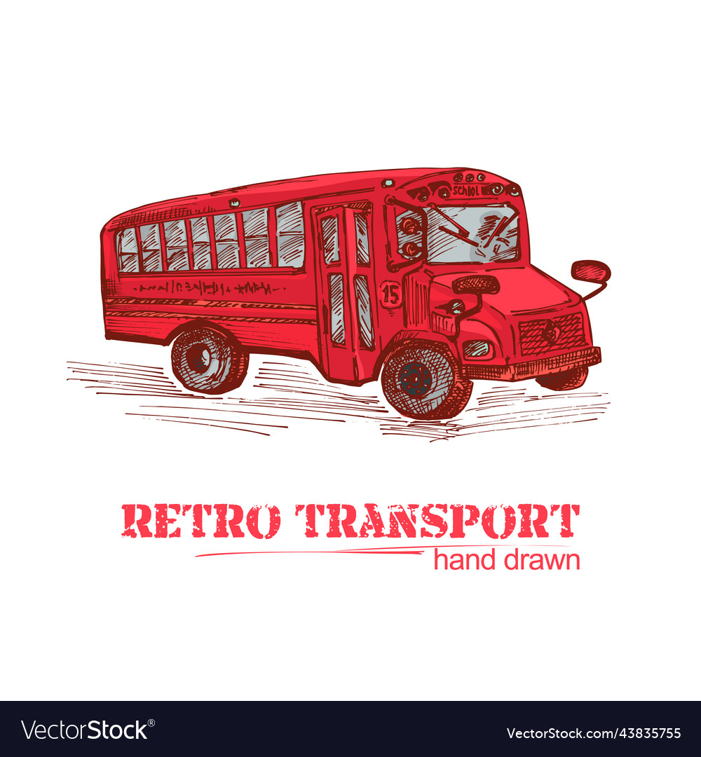 Hand drawn red retro bus isolated on white