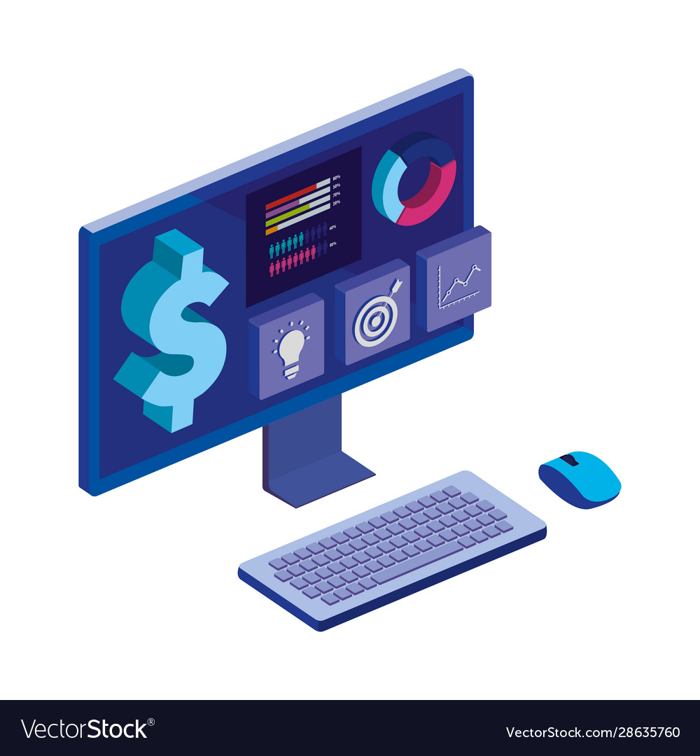 Computer desktop with statistics and menu app vector image Computer desktop with statistics and menu app