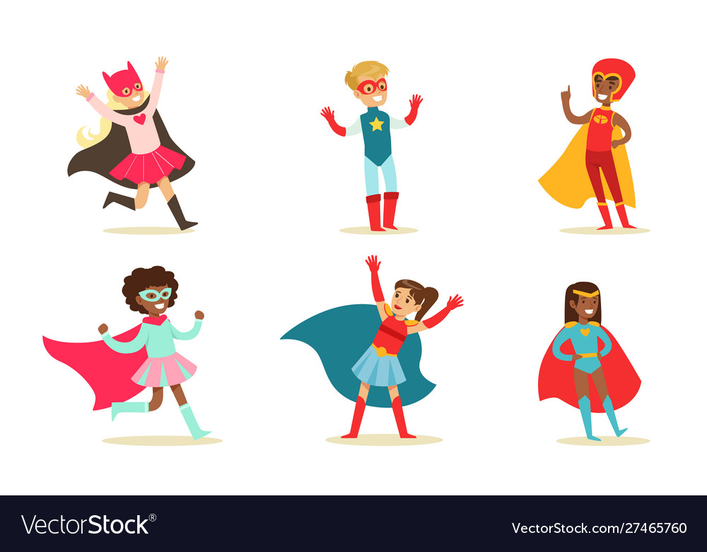 Cute boys and girls in superhero costumes set Vector Image