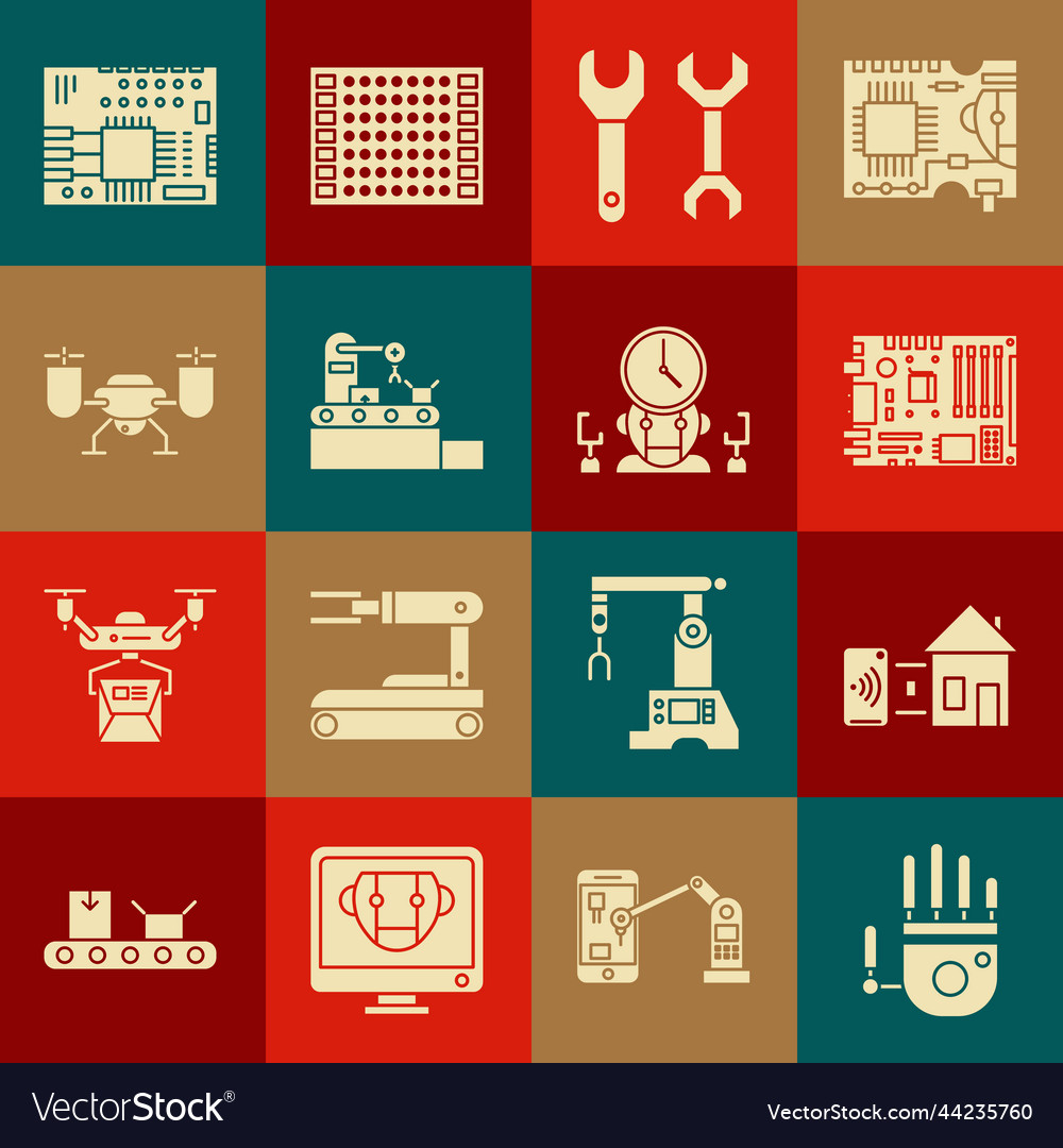 Set mechanical robot hand spanner factory vector image Set mechanical robot hand spanner factory