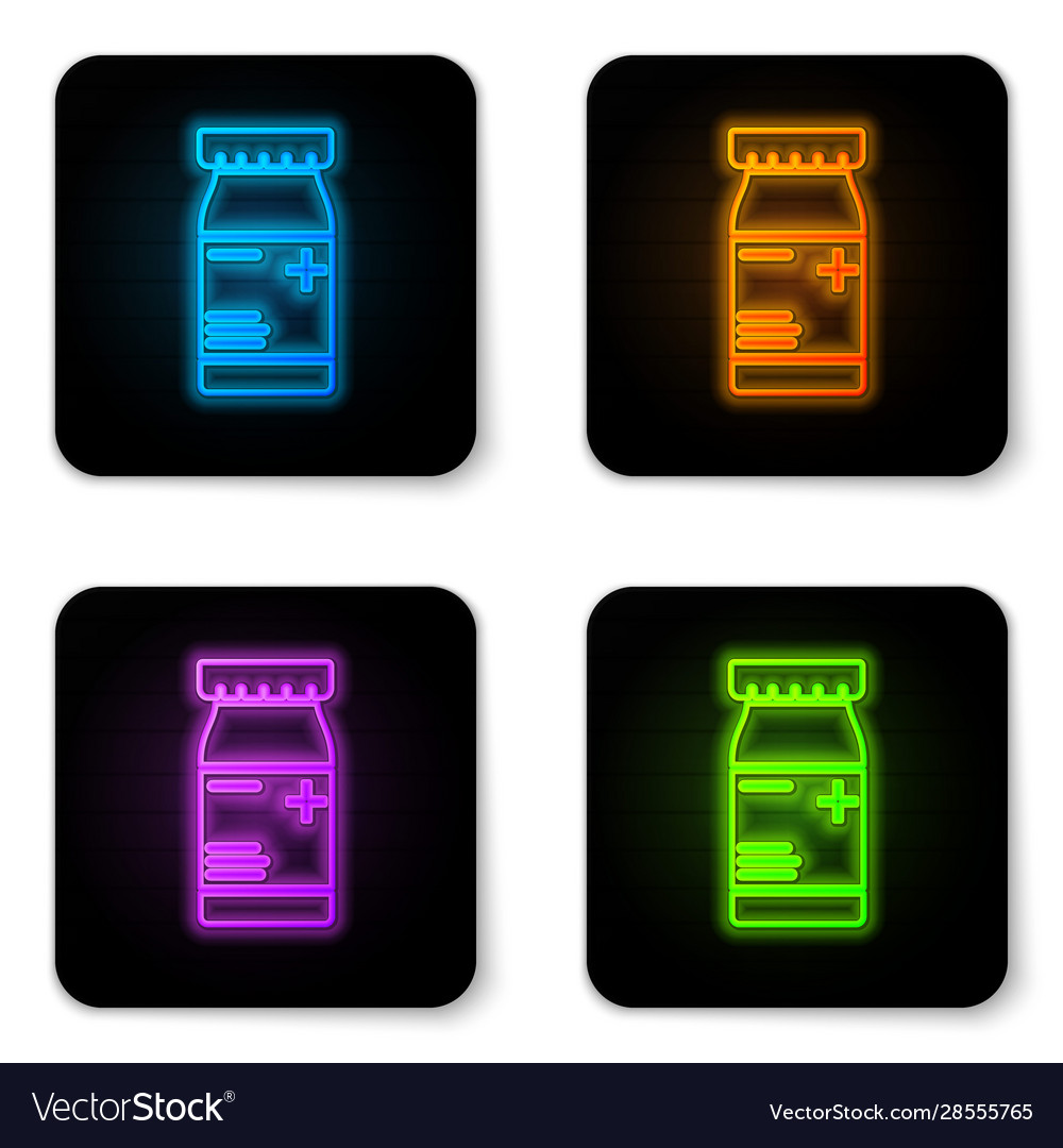 Glowing neon medicine bottle and pills icon