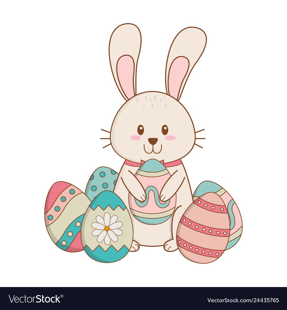 Little rabbit with eggs painted easter character Vector Image