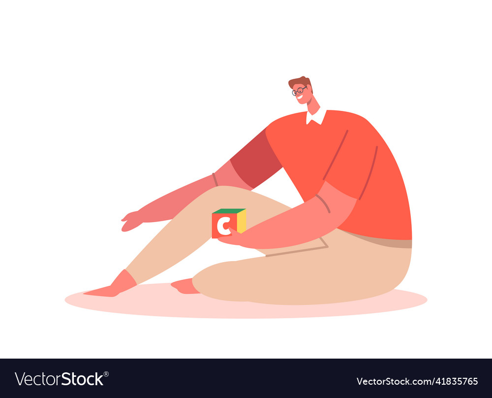 Male character sitting on floor with cube block vector image Male character sitting on floor with cube block