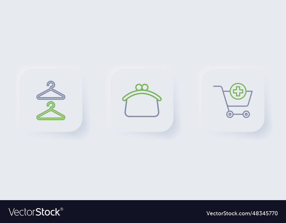 Set line add to shopping cart wallet and hanger vector image Set line add to shopping cart wallet and hanger
