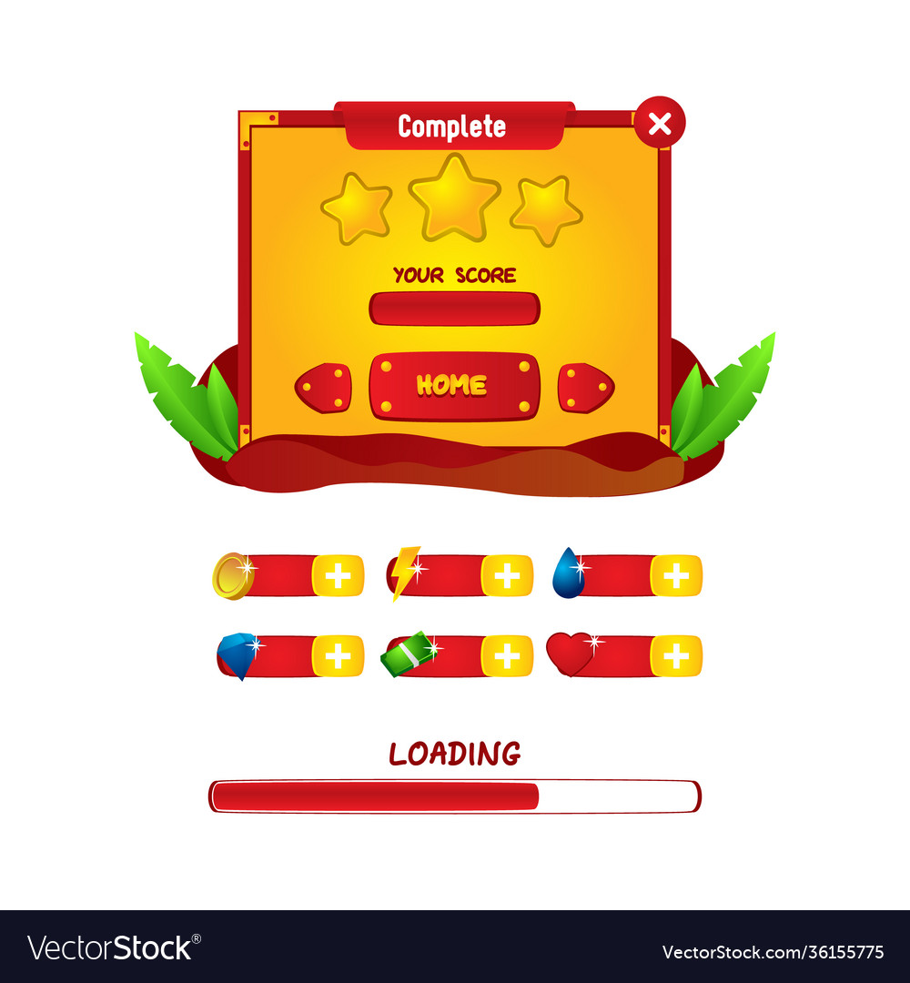 Game assets with level complete menu design