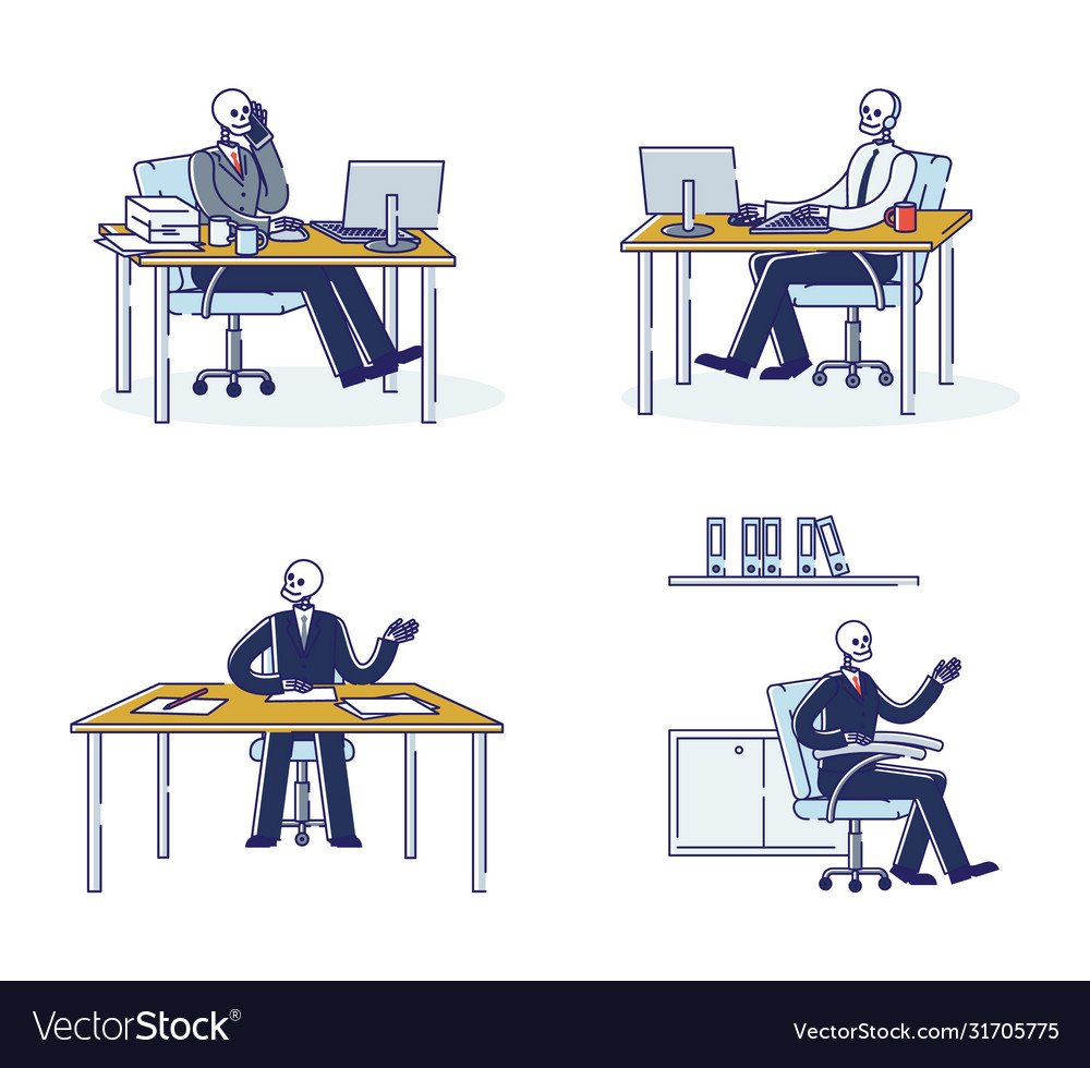 Set workaholic office workers skeletons