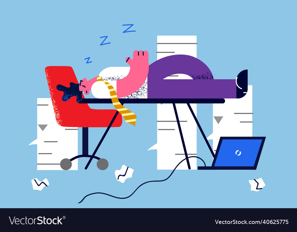 Tired male employee sleep on desk in office