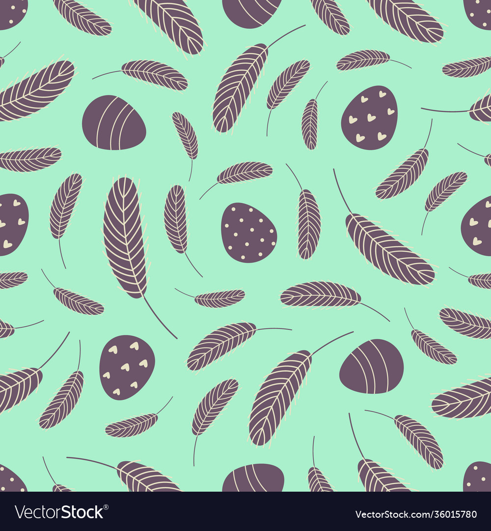 Easter seamless pattern with eggs and feathers