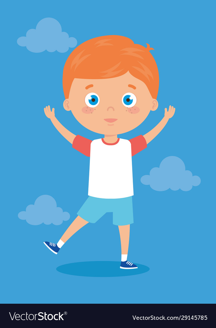 Cute little boy with hands up and clouds Vector Image