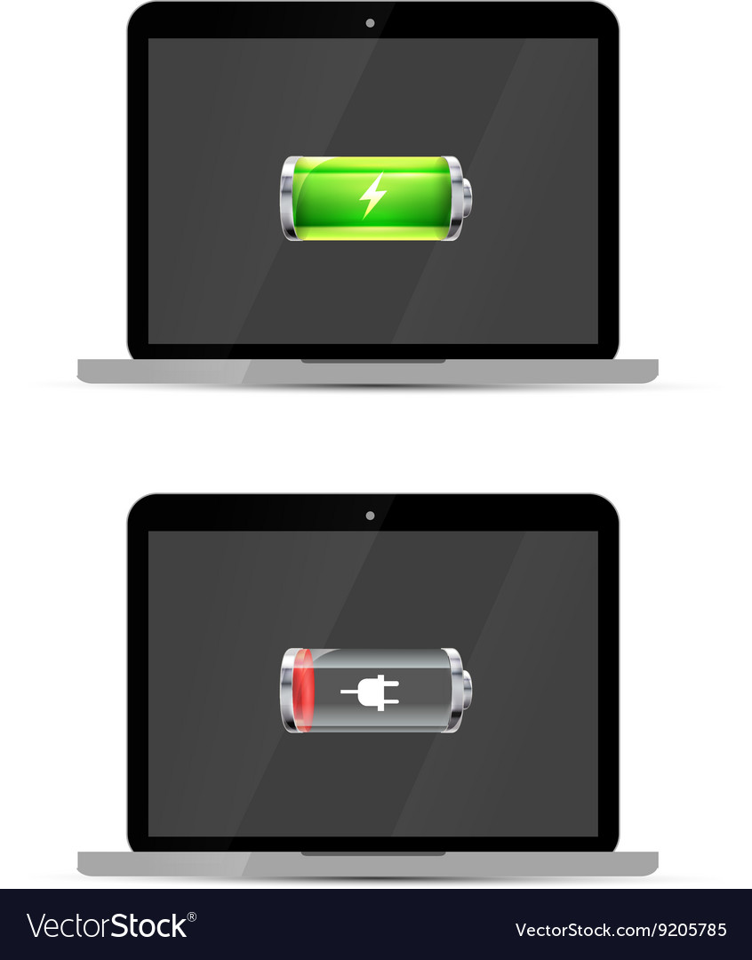 Laptops with full and empty glossy battery icons Vector Image