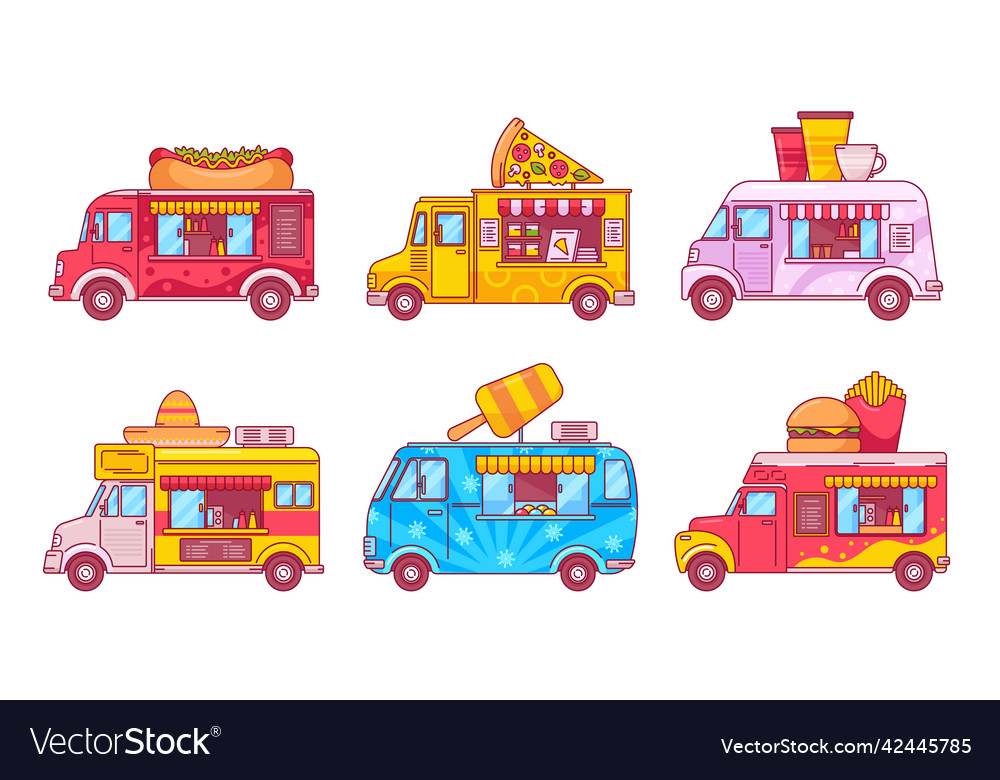 Set of fast food trucks isolated cars for street