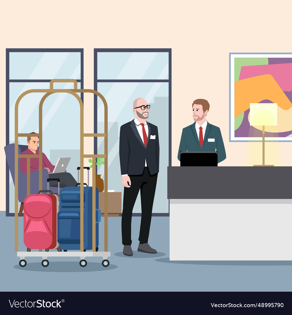 Man with suitcases is standing at reception desk Vector Image