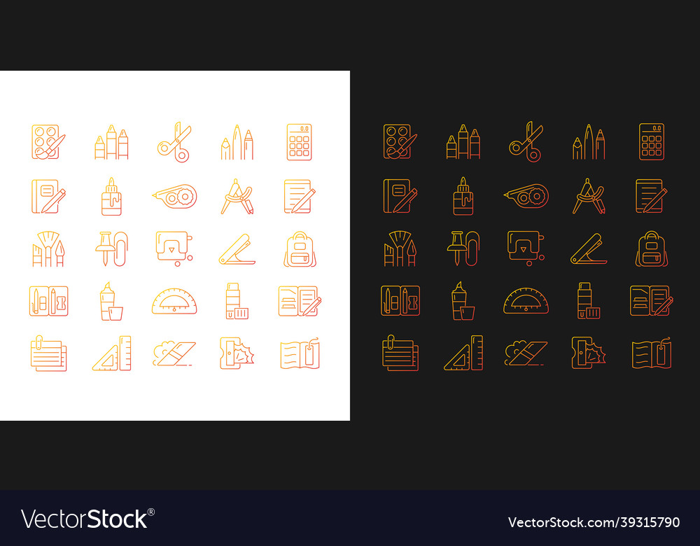 School supplies gradient icons set for dark