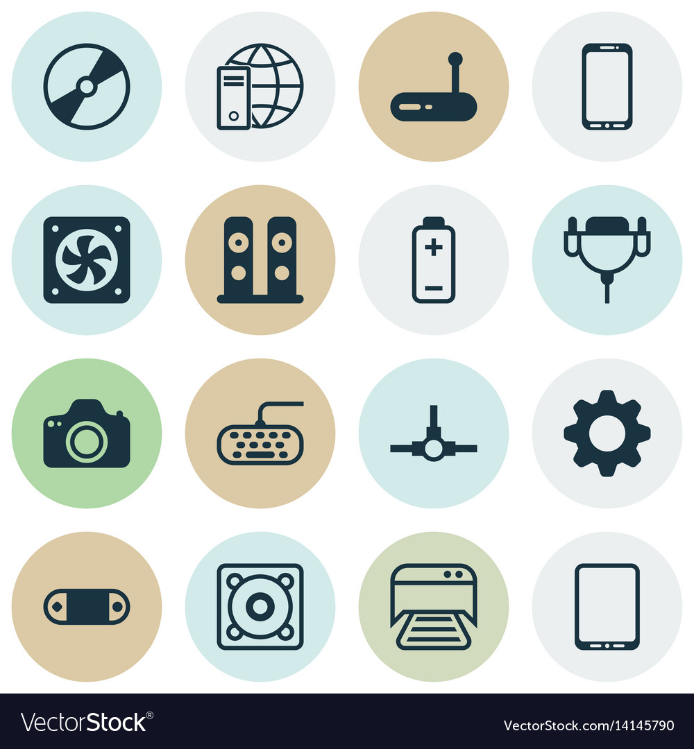 Set of 16 computer hardware icons includes