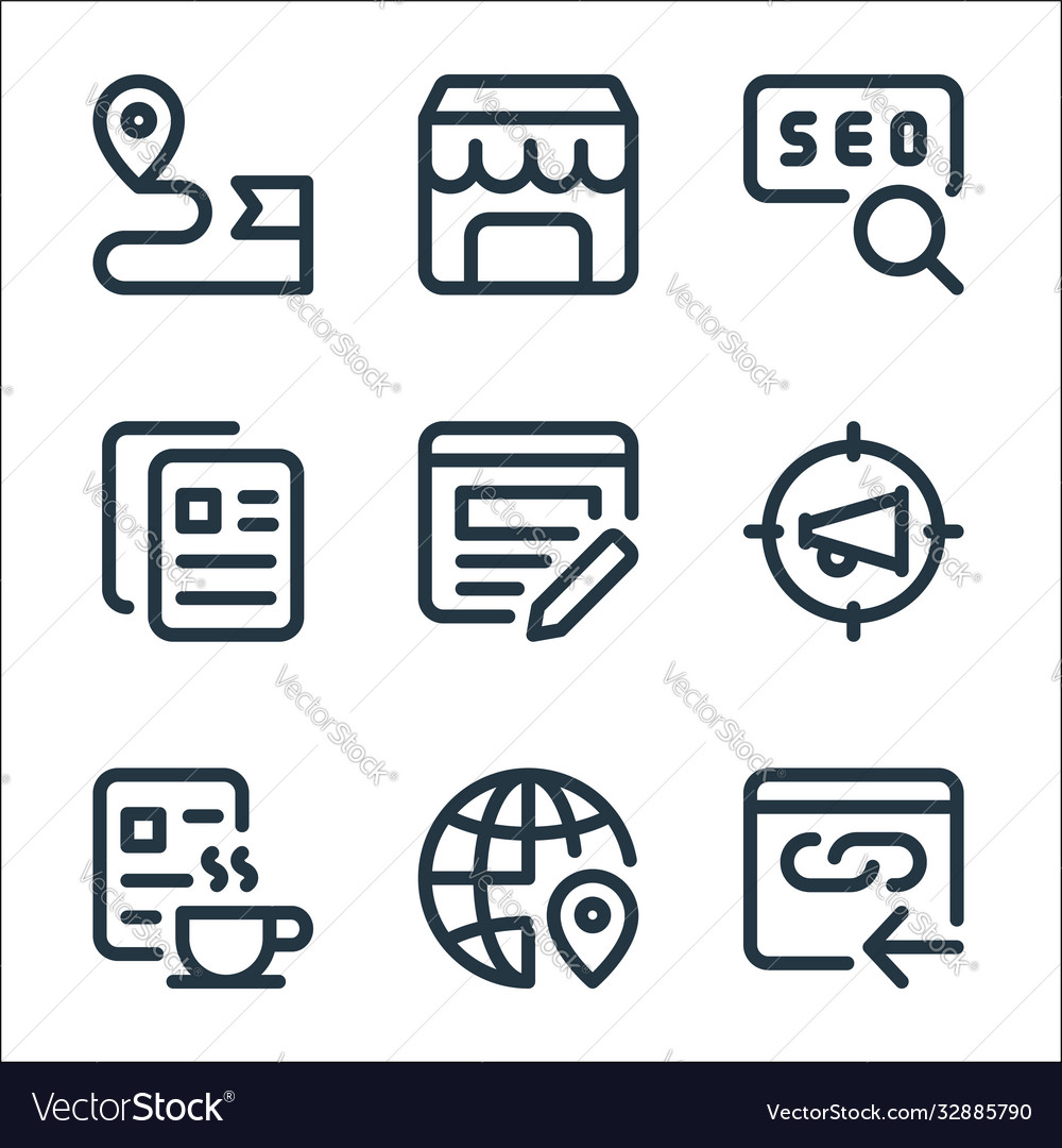 Web apps seo line icons linear set quality vector image Web apps seo line icons linear set quality