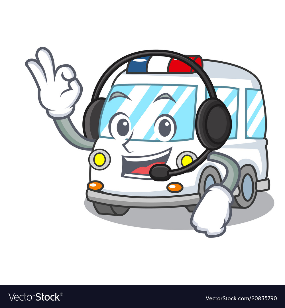 With headphone ambulance mascot cartoon style