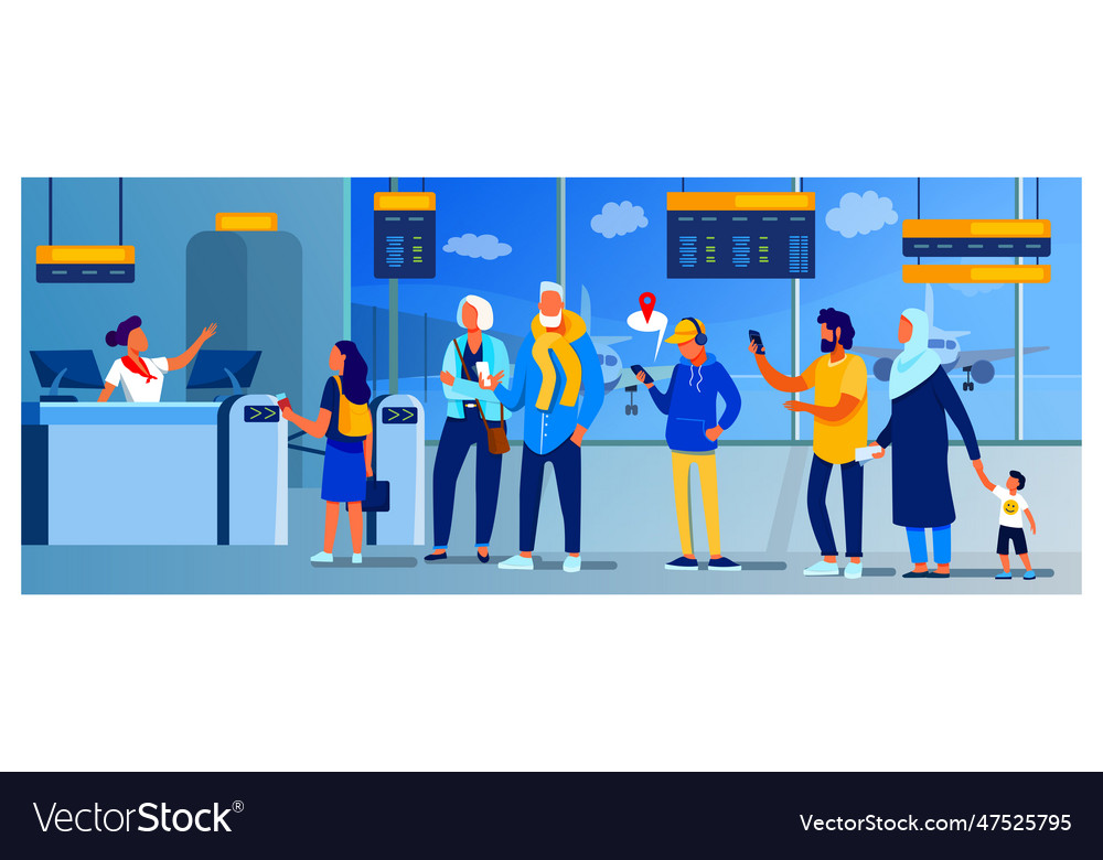 Group of passengers standing in queue to counter vector image Group of passengers standing in queue to counter