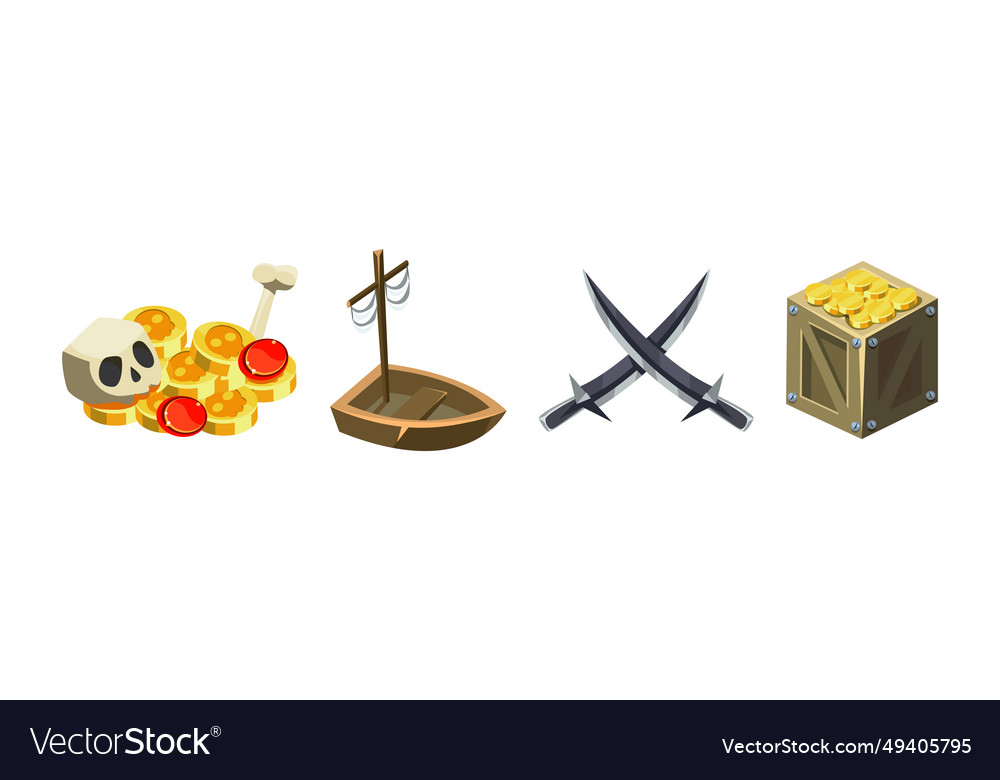 Pirate object and element with skull coin ship vector image Pirate object and element with skull coin ship
