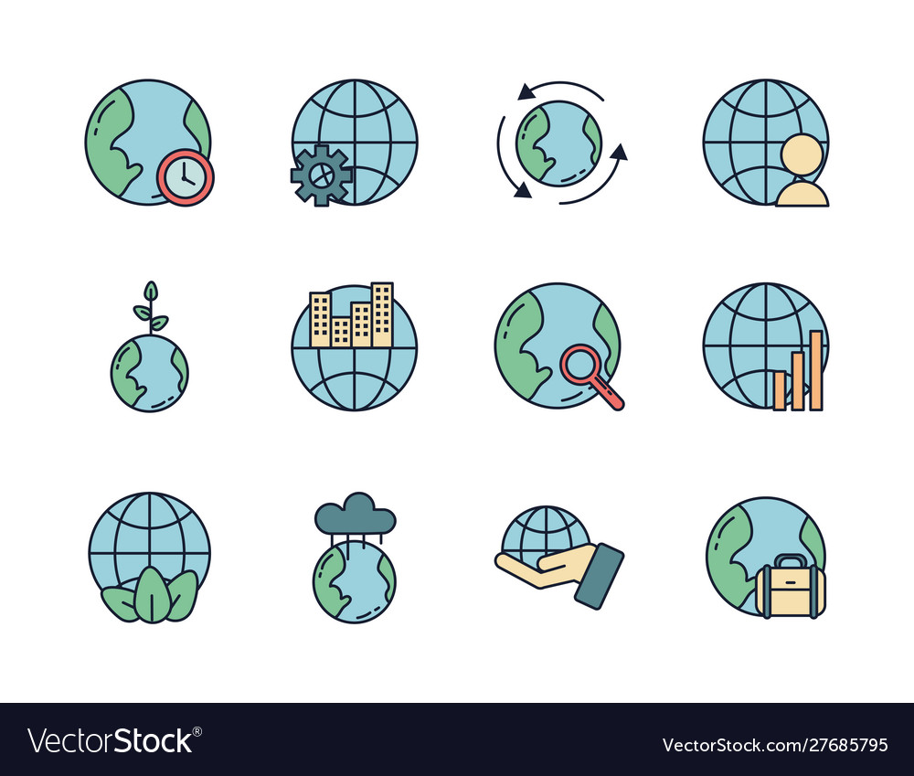 World map global icons set line filled
