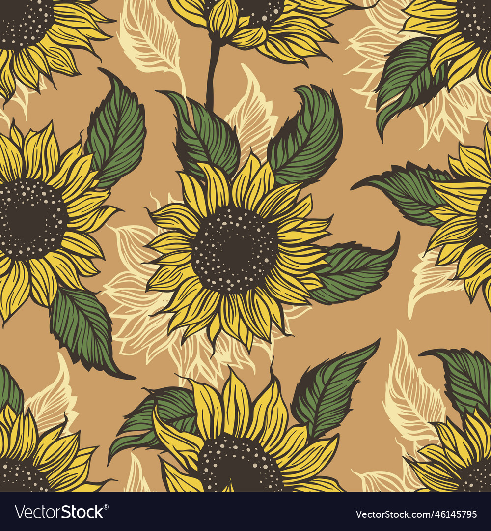 Yellow Sunflower Seamless Pattern Nature Vector Image