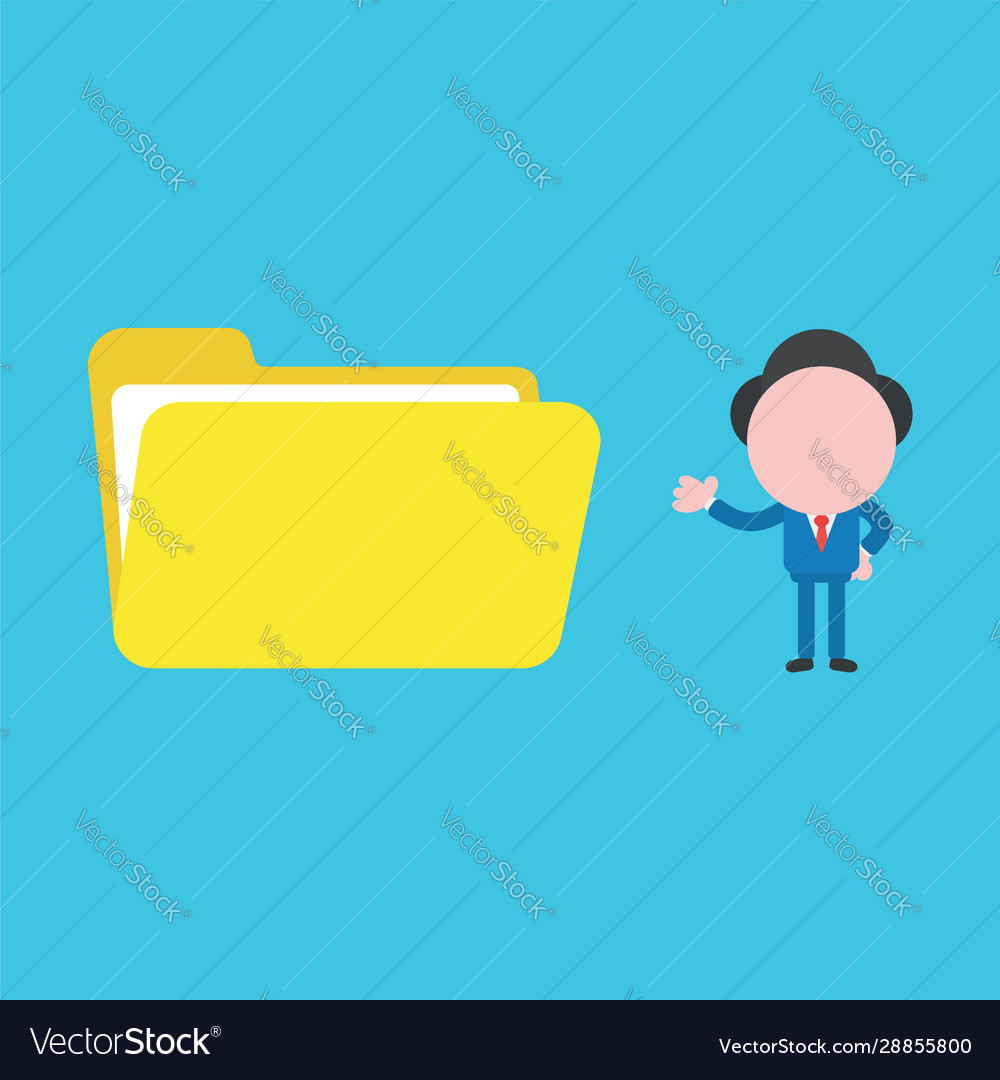 Businessman character showing opened file folder vector image Businessman character showing opened file folder