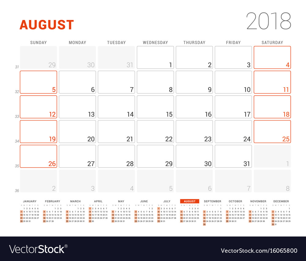 Calendar template for 2018 year august business Vector Image