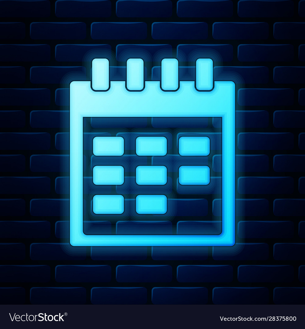 Glowing neon calendar icon isolated on brick wall Vector Image