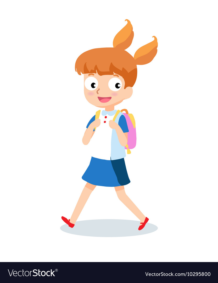 School girl goes to with backpack cartoon