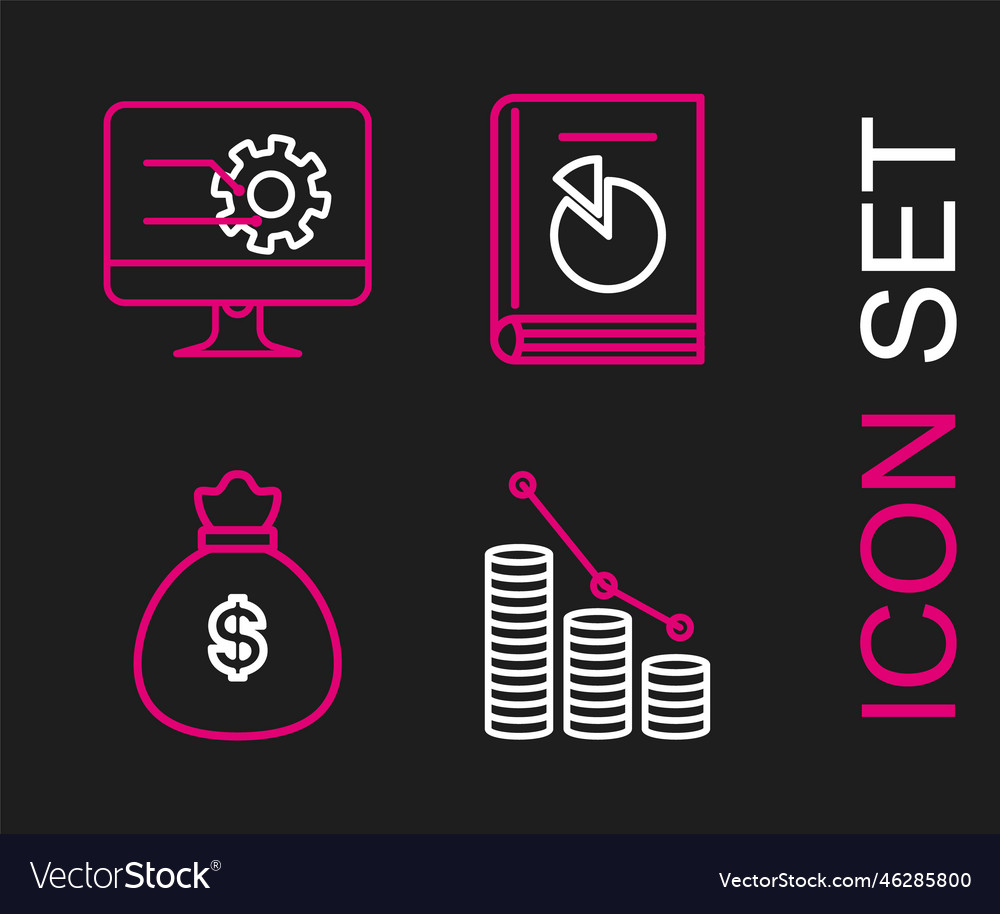 Set line pie chart infographic and coin money bag