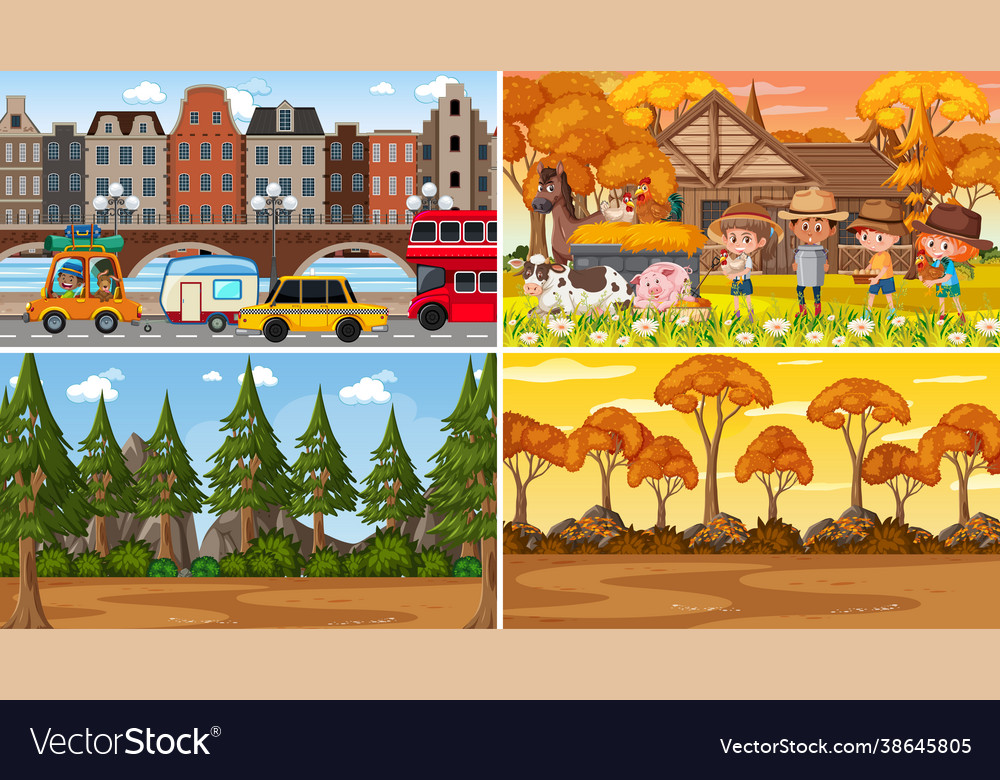 Set different nature scenes cartoon style vector image Set different nature scenes cartoon style