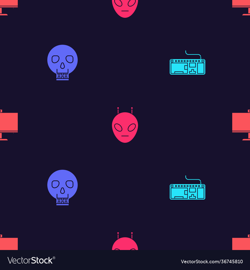 Set computer keyboard skull alien and monitor