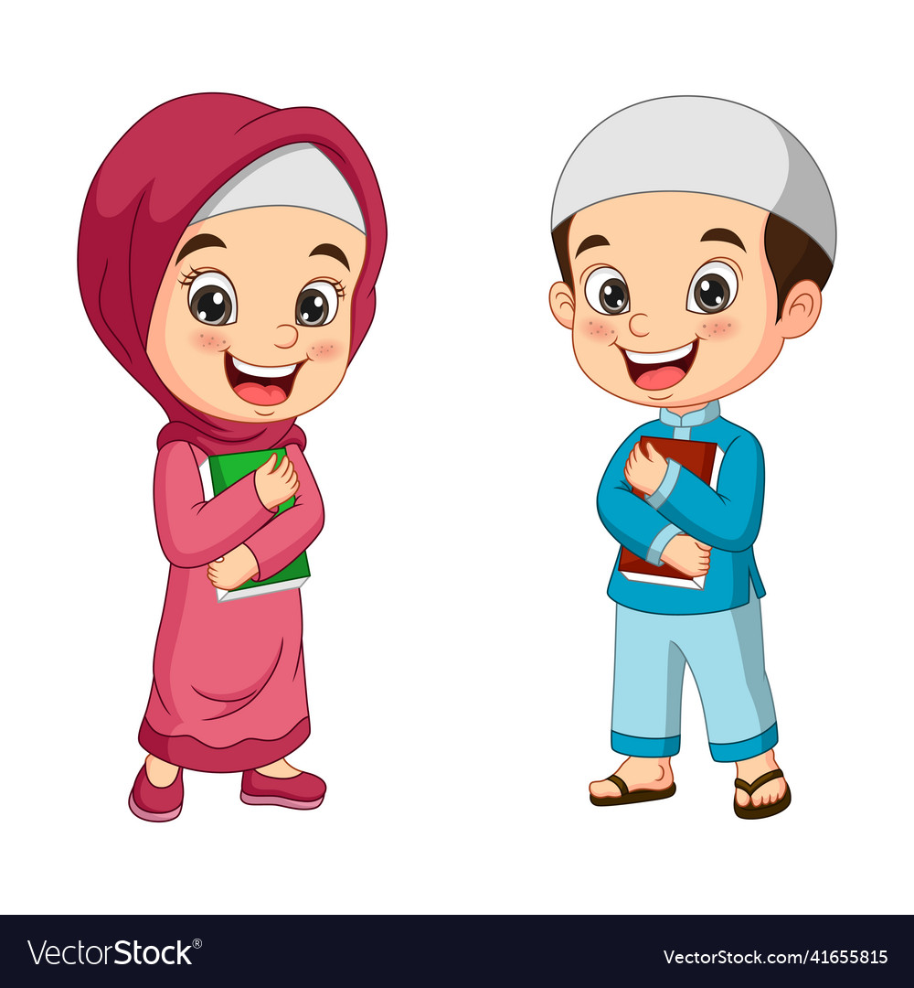 Cartoon muslim kids holding quran book Royalty Free Vector