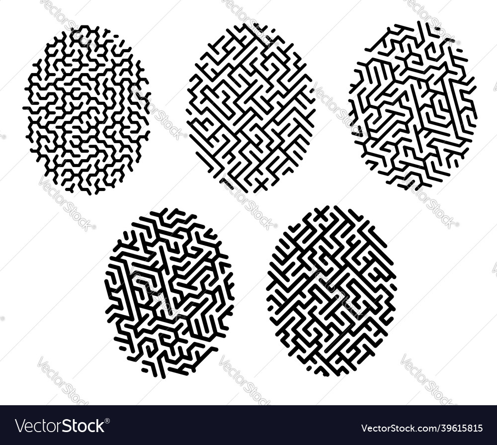 Linear icon set of fingerprint mazes with unique