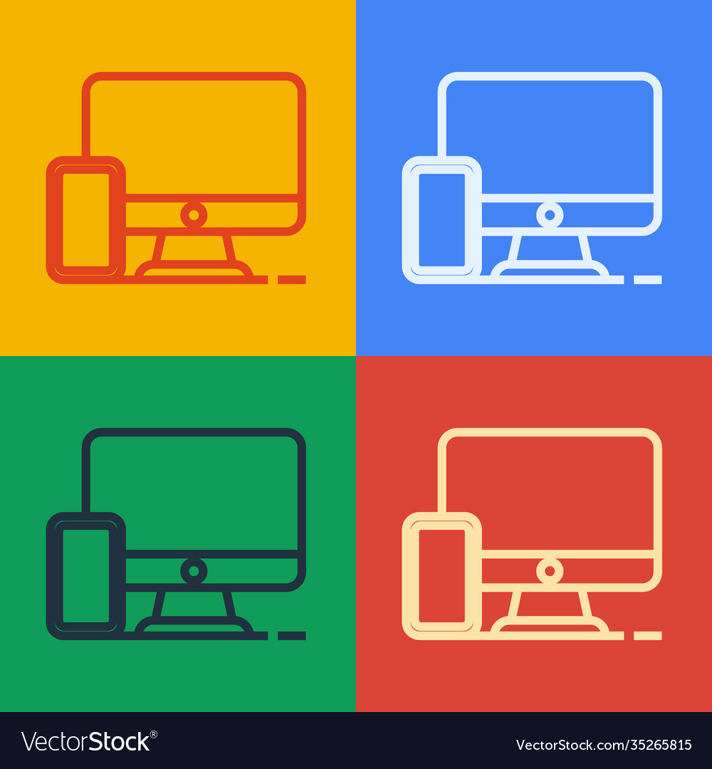 Pop art line computer monitor and mobile phone vector image Pop art line computer monitor and mobile phone
