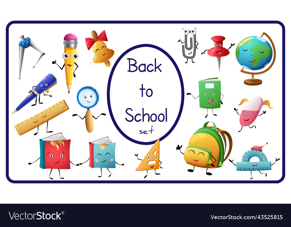 Set of school items characters cartoon funny Vector Image