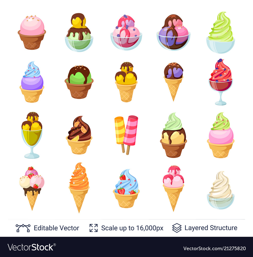 Ice cream dessert set 24 items isolated on white vector image Ice cream dessert set 24 items isolated on white