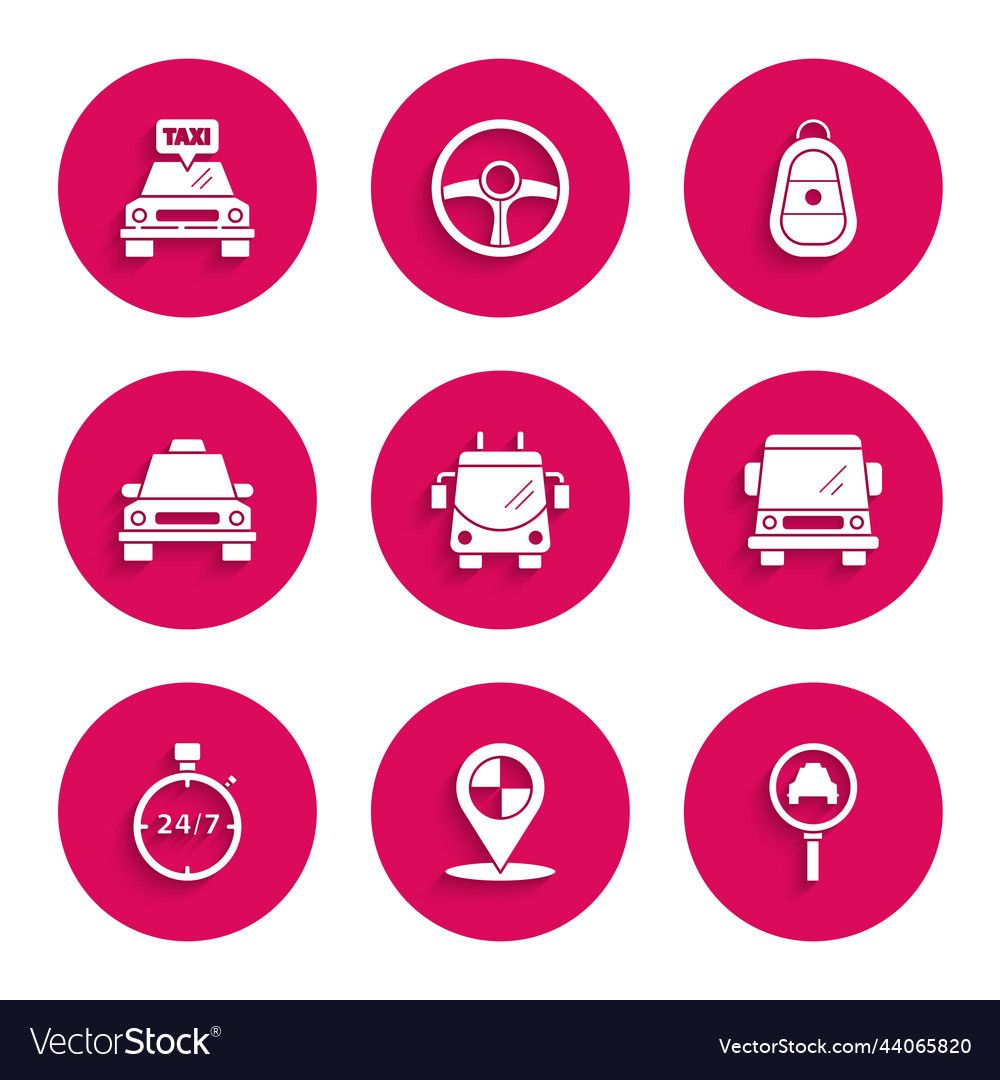 Set trolleybus map pointer with taxi magnifying vector image Set trolleybus map pointer with taxi magnifying