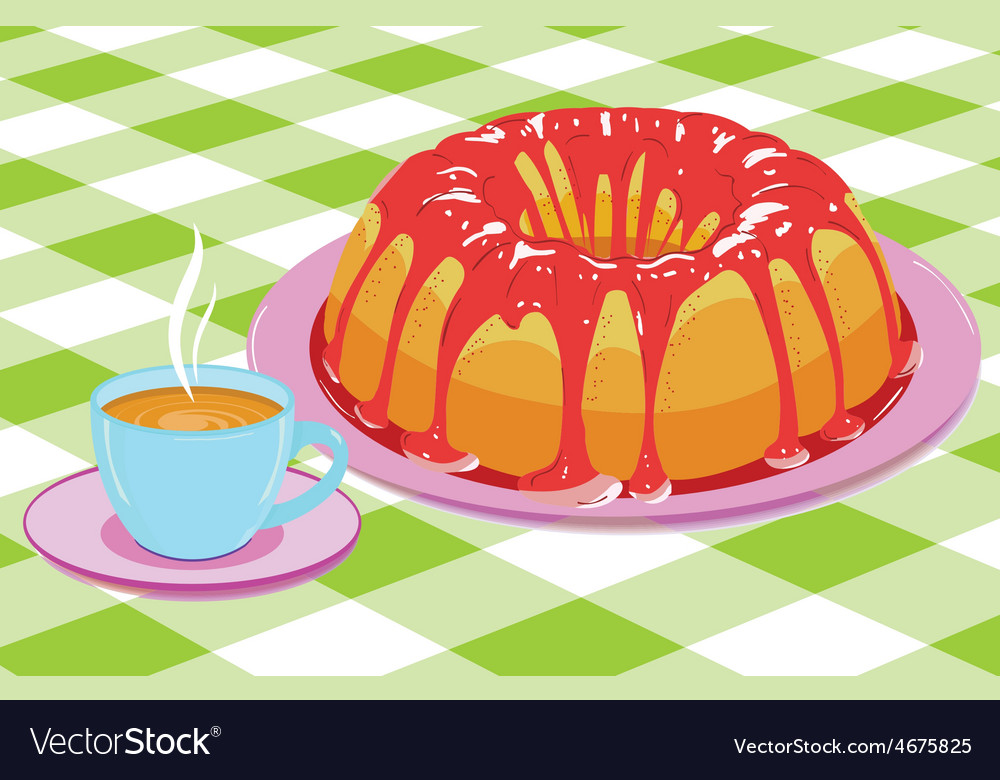 Cake with glaze and a cup of hot drink