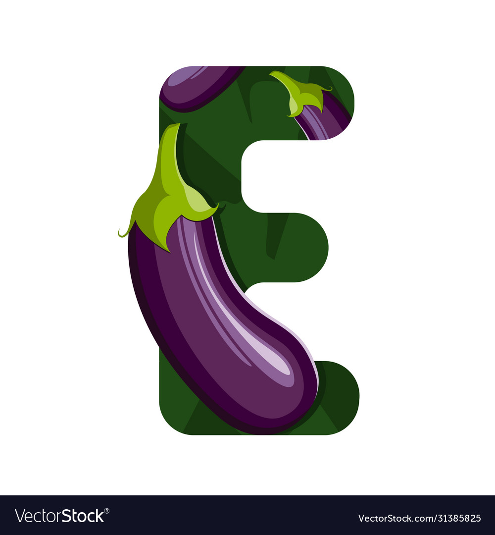 Letter e with green leaves and eggplant