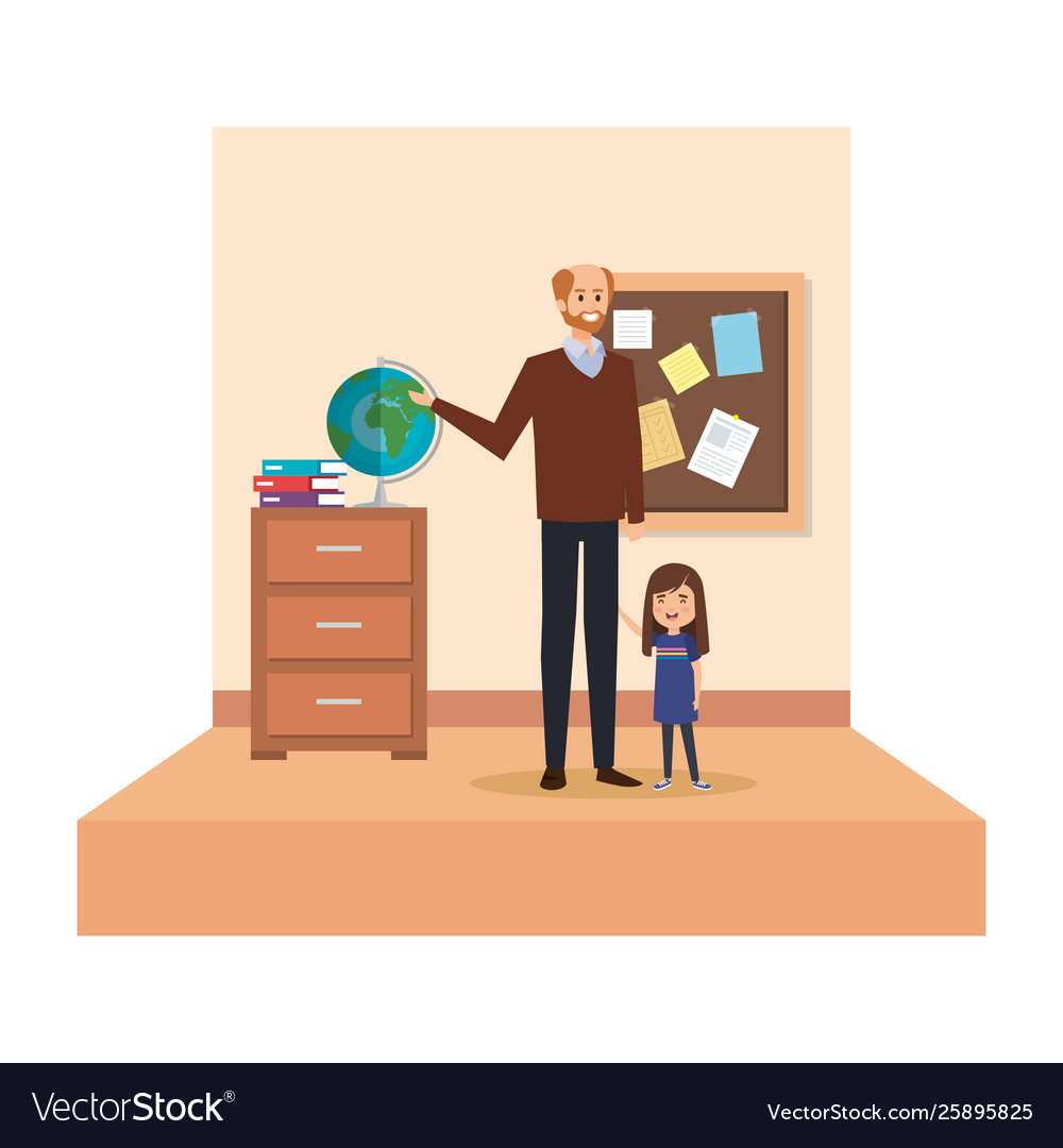 Male teacher and little girl in school classroom