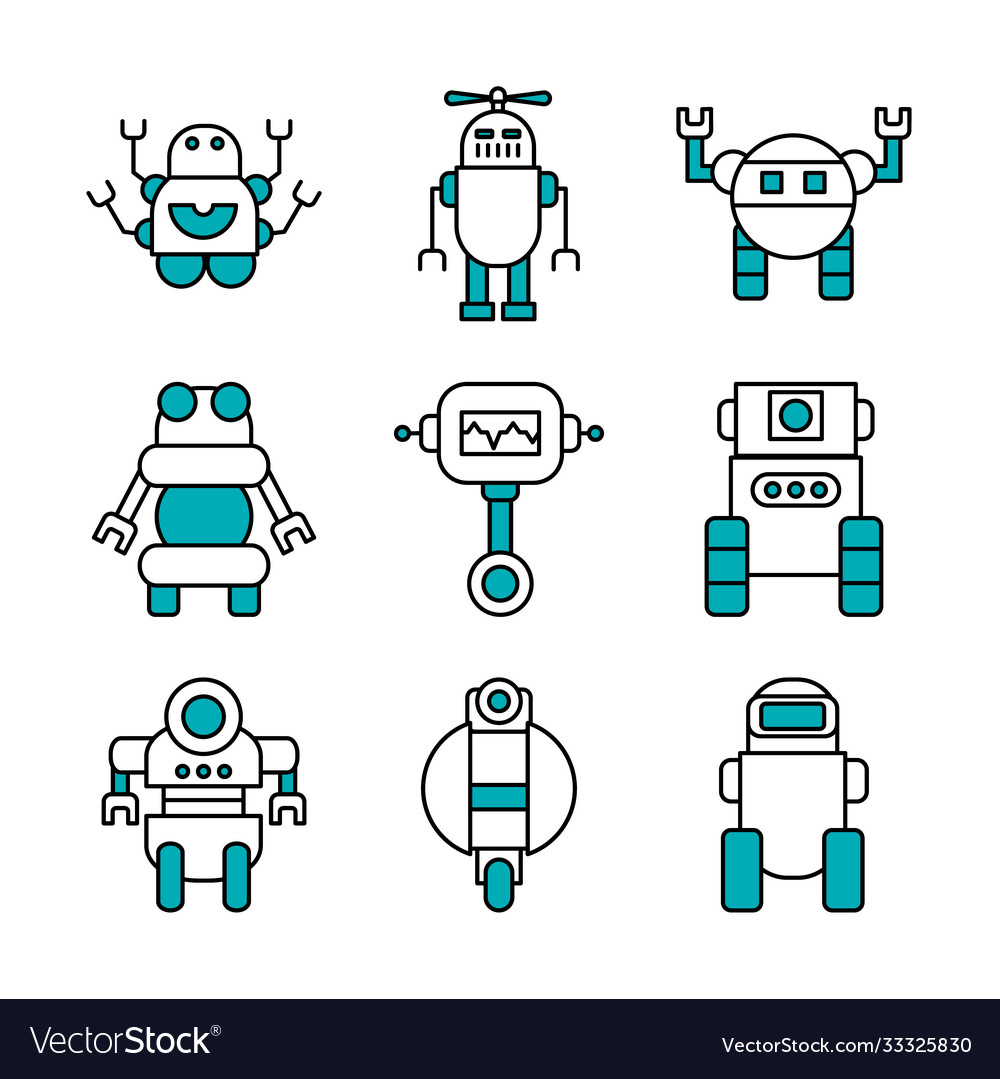 Cartoon robots and robotics icon set half line vector image Cartoon robots and robotics icon set half line