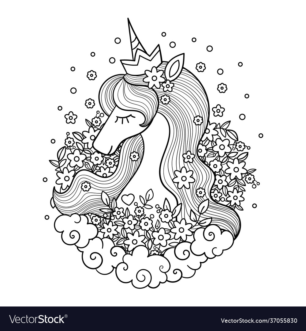 Head a cute unicorn among flowers and clouds vector image Head a cute unicorn among flowers and clouds