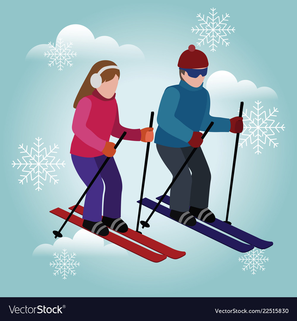 Isometric isolated man and woman skiing happy