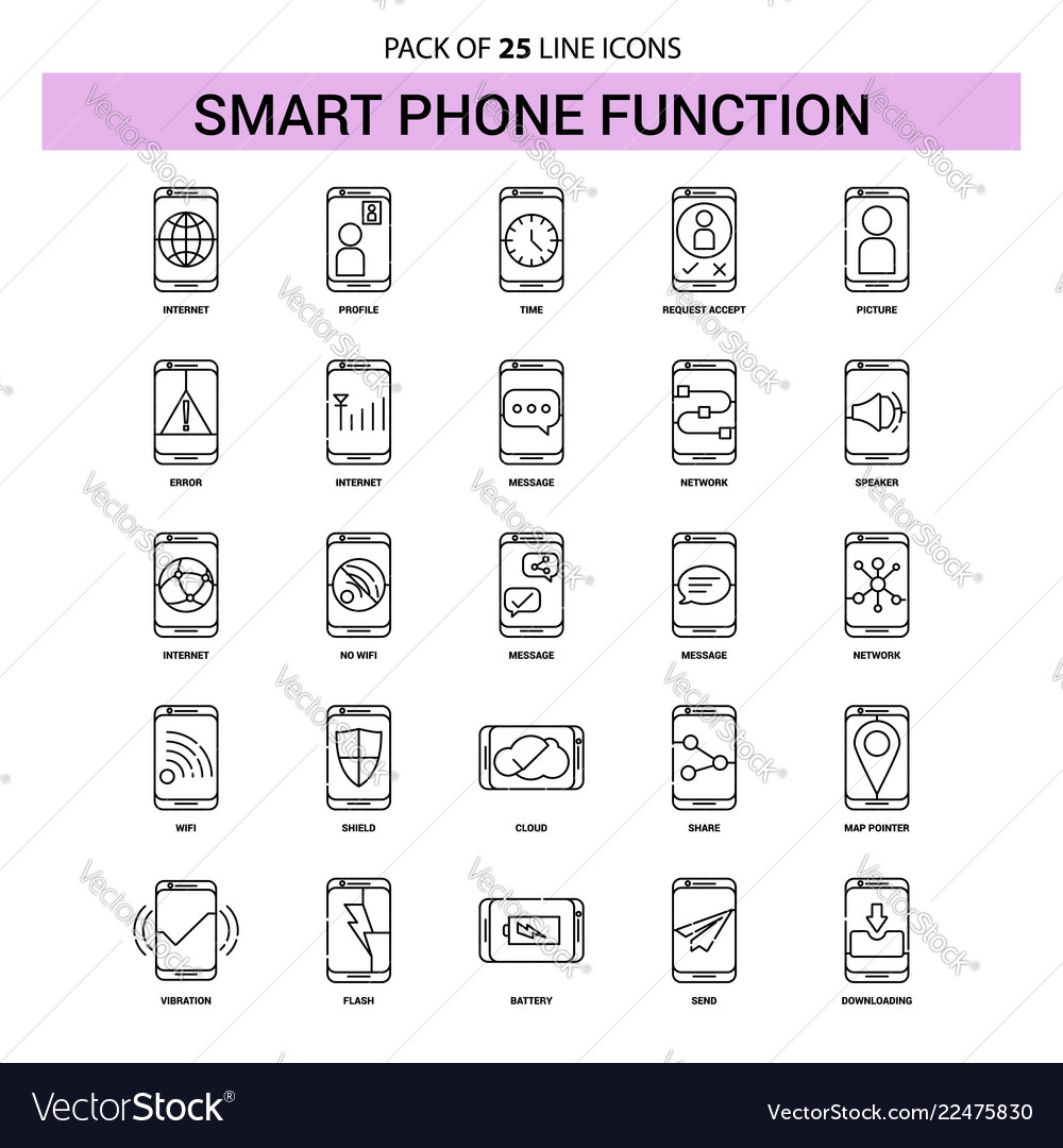 Smart phone functions line icon set - 25 dashed vector image Smart phone functions line icon set - 25 dashed