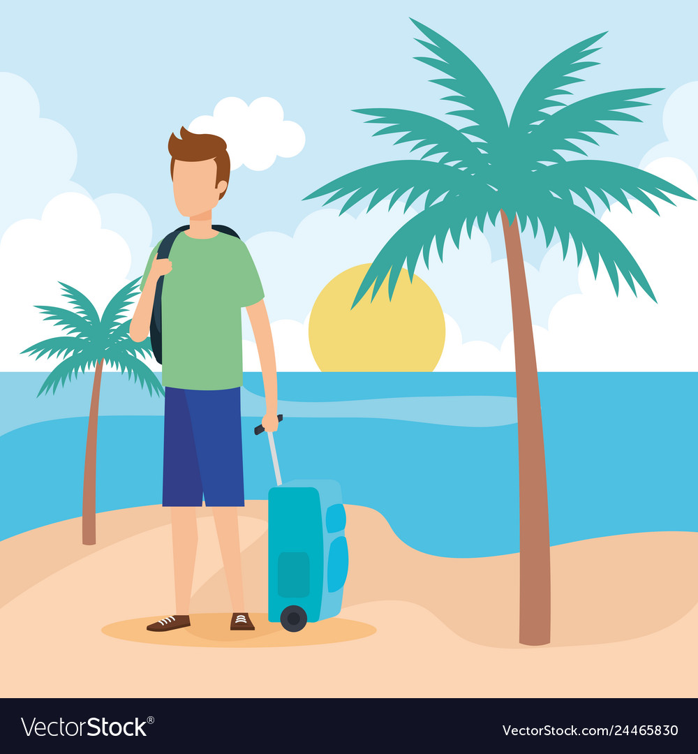 Young man with suitcase on the beach Royalty Free Vector