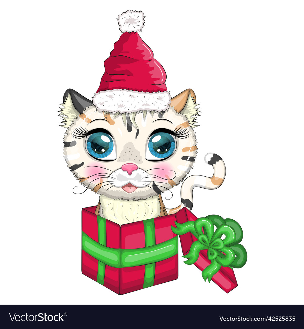 Cute cartoon cat in a santa hat in a gift box new Vector Image Cute cartoon cat in a santa hat in a gift box new Vector Image